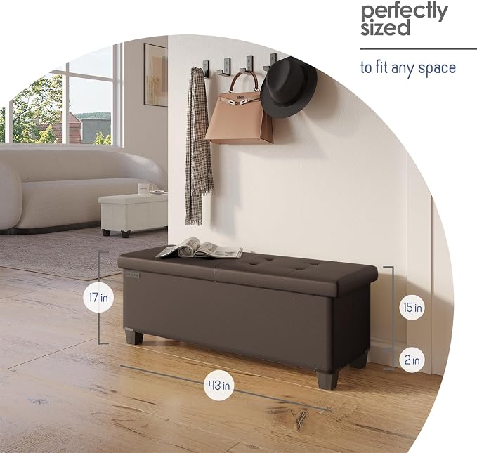 Storage Ottoman Bench with Bins, 43-in Storage Bench for Bedroom End of Bed, Folding Foot Rest Ottoman for Living Room Max 660lbs, Faux Leather Ottomans, Brown