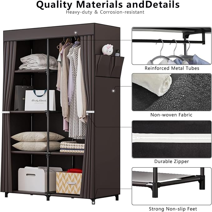 SORCEDAS Portable Closet Wardrobe Organizer Storage with Cover Non-Woben Fabric Portable Wardrobe Closet for Hanging Clothes Racks Shelving 33 Inch for Bedroom, Blue (Coffee, 33Inch)