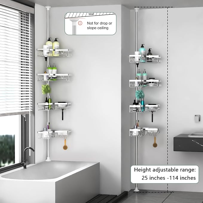 DAOYA Corner Shower Caddy Tension Pole 4 Tier Shower Caddy Organizer Silver | WIth 28 Hook/2 Soap Dish/ 2 Razor Holder, Rustproof, For Bathtub/Bathroom, Floor to Ceiling 25-114 Inch, Simple Install