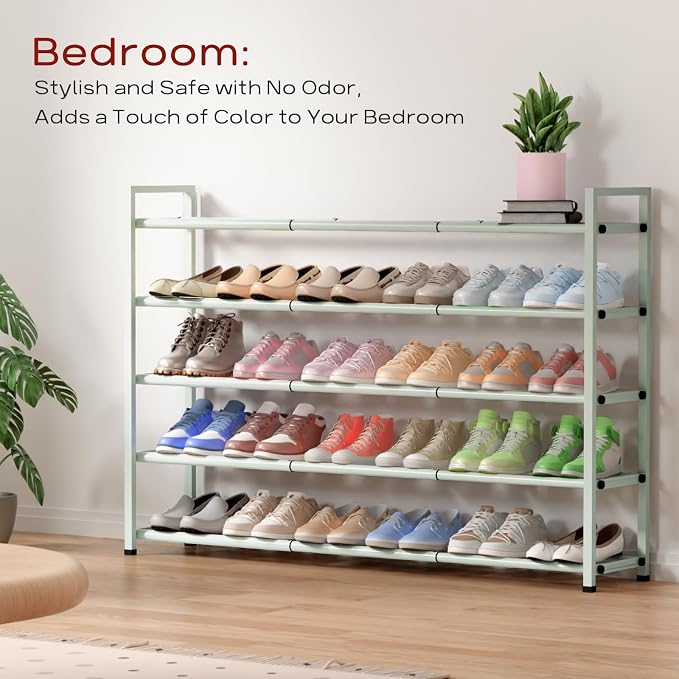 Bumusty 5 Tier Long Expandable Shoe Rack for Closet, Green | 18"-44" Adjustable Shoe Rack for Entryway, Shoe Organizer for Dorm, Front Door, Sturdy Metal