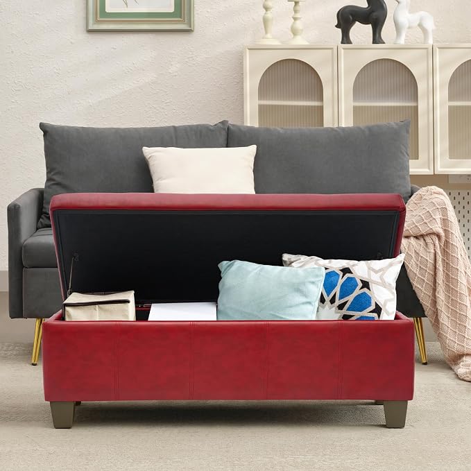 41" Storage Ottoman, Storage Bench with Safety Hinge, Upholstered Synthetic Leather Ottoman Bench for Bedroom, Living Room, Entryway, Hallway, Foot Rest, Support 500lbs