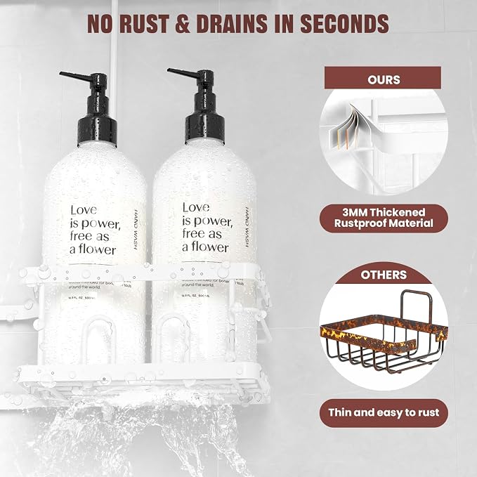 REINHARDT Adjustable Shower Caddy Hanging for Handheld Showerheads, White | Patented Shower Organizer, Rustproof, 40lbs Capacity, Anti-Swing, Tool-Free, Suction Cups, 8 Hooks, Soap & Toothbrush Holder