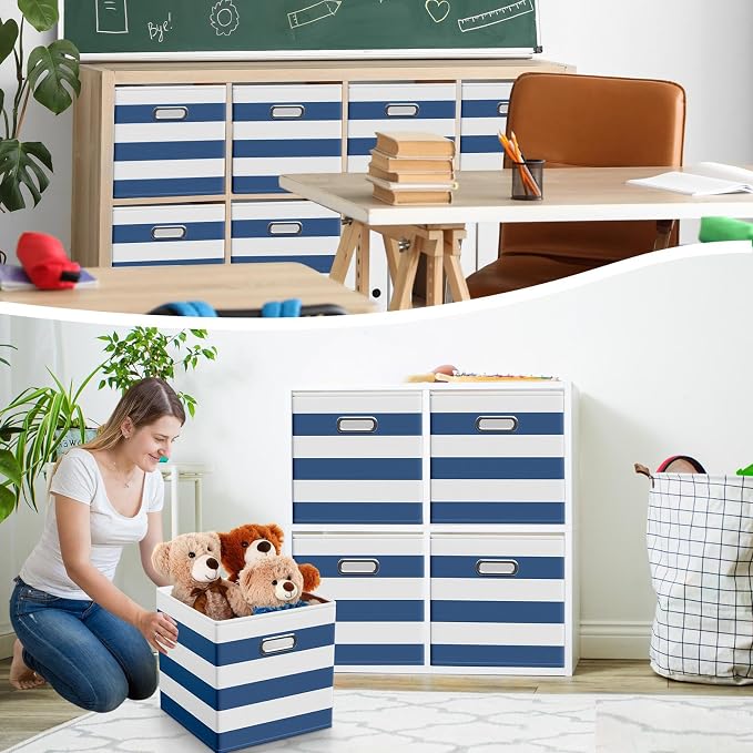 CroBlissful 11 Inch 6 Pack Fabric Storage Cubes with Metal Handles, Back to School Collapsible Organizer Bins for Classroom, Closet, Student Room, Toys and School Supplies (Blue and White)
