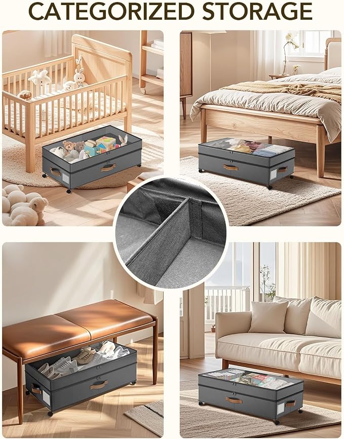Under Bed Storage with Wheels, 10 inches Under Bed Storage Containers, 65L XXL Large Adjustable Underbed with Lids, Rolling Underbed Storage bins for Shoes, Clothes, Blankets, Grey
