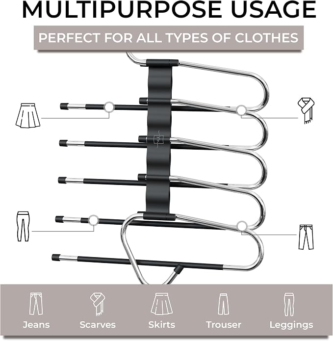 MORALVE Pants Hangers Space Saving - 4 Pack - Non-Slip Multi-Layer Space Saving Hangers - Multifunctional Clothing Rack for Closet Storage - Ideal for Jeans, Trousers, Skirts, Scarves & Slacks (Black)