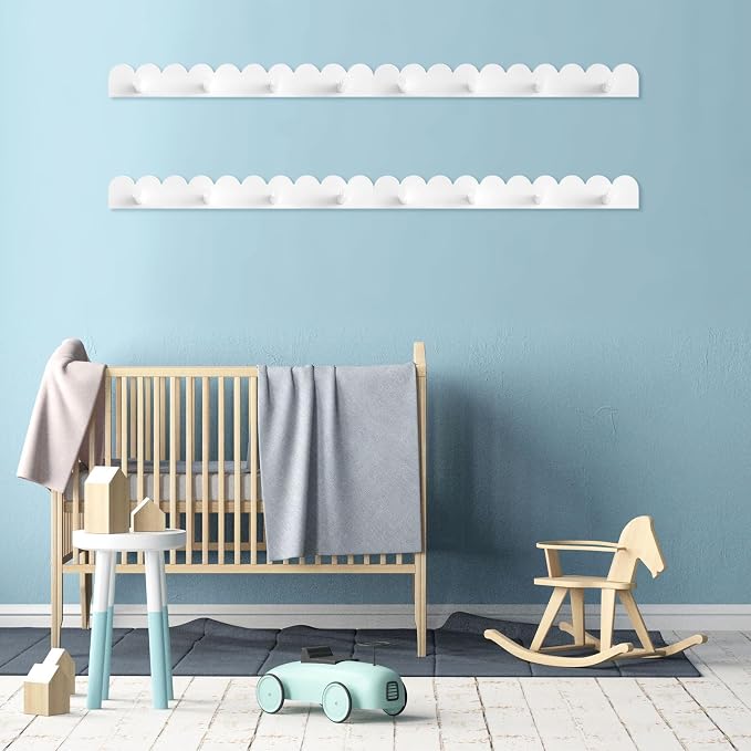 Leinuosen 4 Pack Scalloped Coat Rack Wall Mount Cute Nursery Wall Hook 16 Inch 16 Hooks Wood Backpack Hanger for Toddler Kids Clothes Hat Towel Keys Bathroom Classroom Playroom Nursery Decor