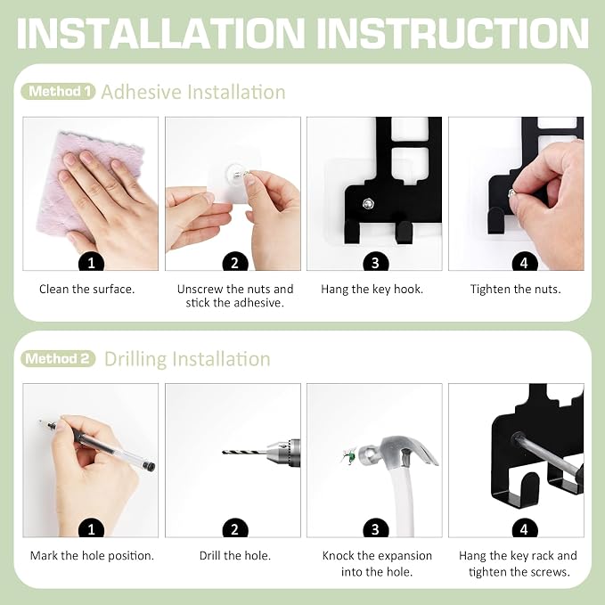 Key Holder Wall Mount, Adhesive Key Hanger with 10 Hooks, Black | Metal Material, 2 Mount Options, Compact Design, Cute Wall Decoration, Suit for Entryway, Doorway, Hallway, RV, Garage