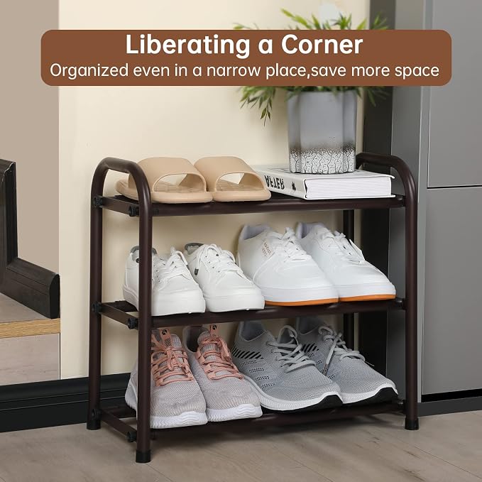 Gonfoam Expandable 3-Tier Shoe Rack for Closet and Entryway, Bronze | Tool-Free Assembly, Metal Material, Adjustable Shoe Organizer, Sturdy, Small Space Solution, Dorms, Garages, Apartments.