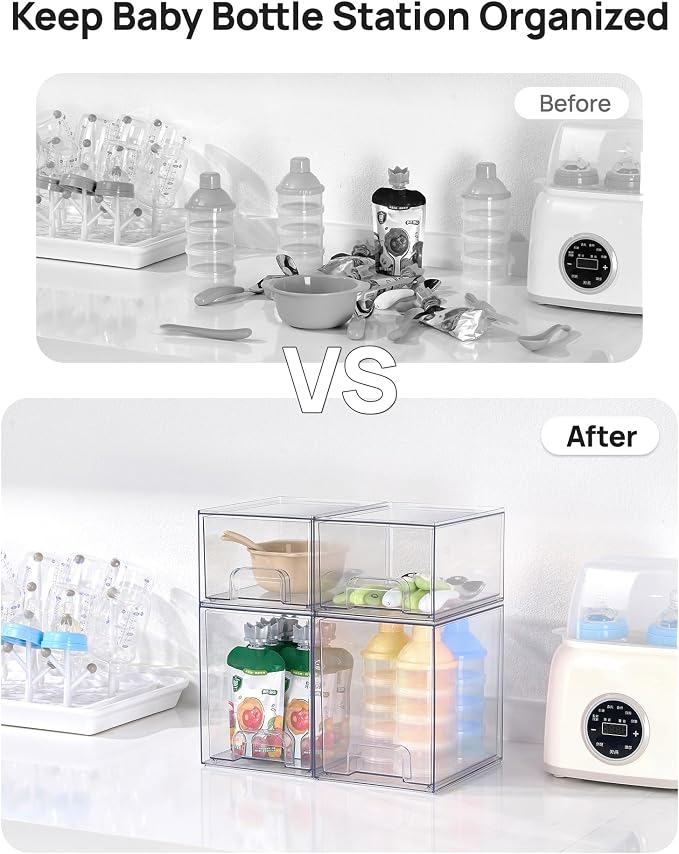 Vtopmart Stackable Storage Drawers Set of 8, Clear Plastic Organizer Bins for Baby Bottle, Beauty Supplies Storage, Ideal for Kichen Countertop, Vanity, Bathroom, Cabinet, Pantry Organization