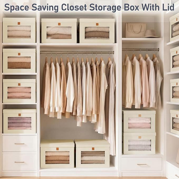 DIMJ Storage Bins with Lids - 4 Pack Front Opening Stackable Fabric Storage Boxes with Clear Window & Handles, Collapsible Closet Organizers for Clothes, Sweaters, Shelf Storage, Bedroom, Beige