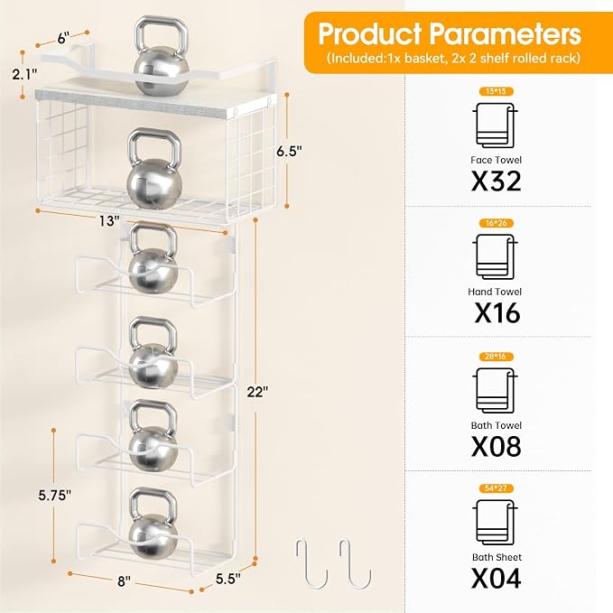 Towel Racks for Bathroom,Towel Rack Wall Mounted, 6 Tier Rolled Or Folded Towel Holder with Floating Shelves, Bathroom Towel Holder for Bath, Hand Towels,Metal,Full White