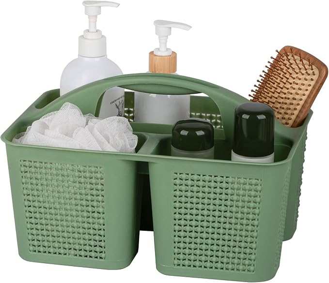 Plastic Portable Shower Caddy Basket with Handle, 3 Compartments, Green | Storage Organizer with Drain Holes, Sturdy and Durable For Bathroom, Kitchen, College Dorm, Sink, Camping