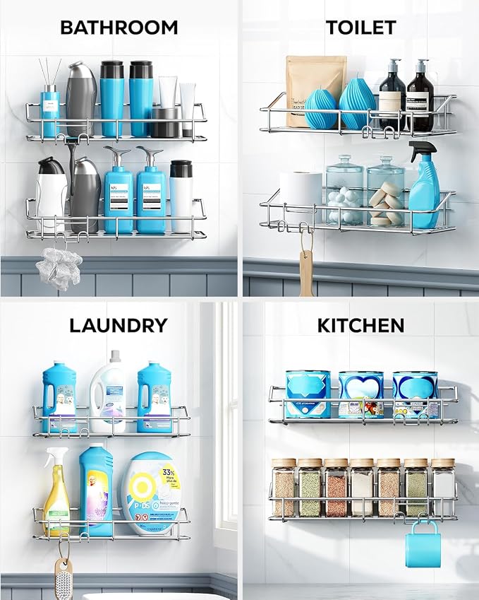 Nieifi Shower Caddy Shelf Storage Rack Adhesive Without Drilling Stainless Steel with Hooks for Washroom, Lavatory, Restroom, Toilet, Bathroom, Kitchen - 2 Pack