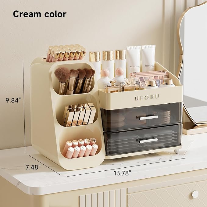 UFORU Makeup Organizer Countertop with Brush Holder for Vanity Bathroom | Large Capacity, Thickened Plastic, 2 Clear Drawers, Compact Size, Detachable Brush Holder, Divided Compartments, Easy Access