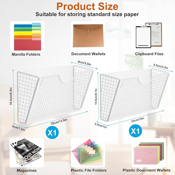 MFTEK Magnetic File Holder, 2 Pockets Wall File Folders Holder No Drilling Magnetic Paper Mail Organizer Magazine Basket, Hanging Storage Rack for Fridge Cabinets Office Classroom(White)
