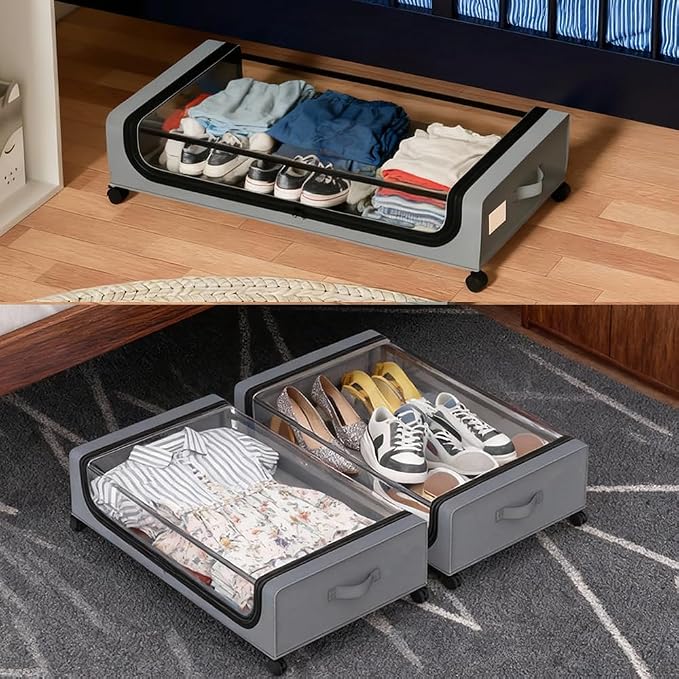 Under Bed Storage with Wheels, 6.7'' Tall Underbed Storage Containers with Lids - Rolling Bins for Shoes Clothes Blankets (Grey, 2-Pack XXL)