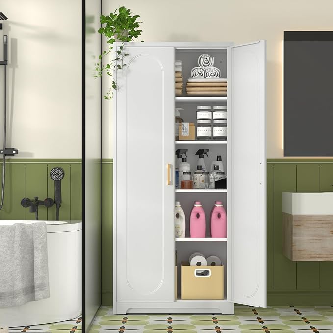 Polup 71" White Metal Kitchen Pantry Storage Cabinet with Doors and Shelves | Freestanding Cupboard, Cold-Rolled Steel, 5-Tier Heavy Duty, Adjustable Shelving, Gold Handles, for Garage Office & Laundry