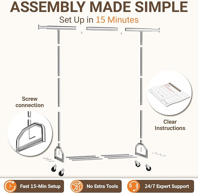 Heavy Duty Rolling Clothing Rack, 450 lbs Capacity Metal Clothes Rack with Wheels, 65" Tall Freestanding Hanging Rack for Bedroom, Laundry Room, Retail Display, Chrome