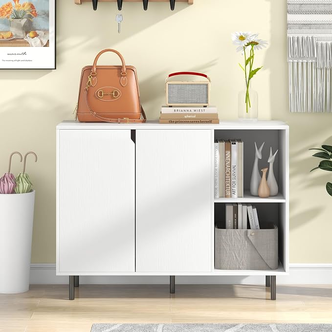Giantex Buffet Cabinet with Storage, Wooden Sideboard with 2-Door Cabinet, 2 Cubes, 5-Position Adjustable Shelves, 5 Metal Legs, Anti-Toppling Device, Modern Furniture for Kitchen Living Room (White)