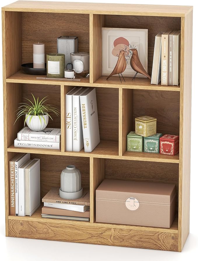 Giantex 7 Cube Bookcase, 4-Tier Freestanding Bookshelf w/ 7 Open Compartments, 2 Anti-Tipping Kits, Modern Display Cabinet, 41" Wood Cubby Storage Organizer for Living Room, Bedroom, Natural