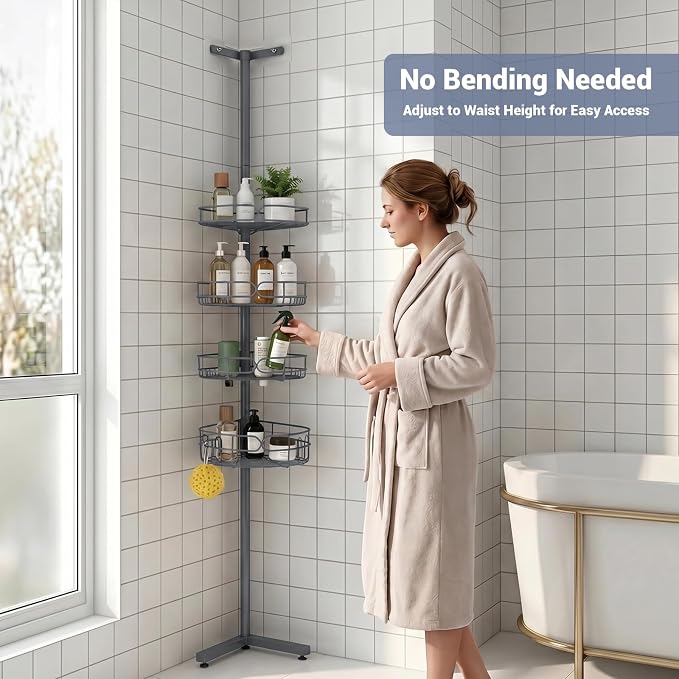 Standing Shower Caddy Corner, 4-Tier Adjustable Height Bathroom Organizer, 6-Section Pole, Sturdy Floor Standing Shelf for Shower or Bathtub – No Drilling, No Spring Tension (Gray)