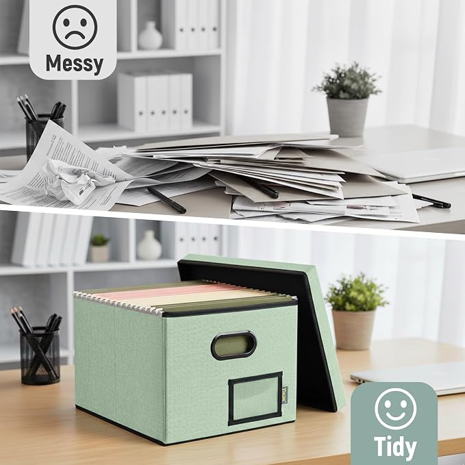 BALEINE File Organizer Box with Lid, Collapsible File Folder Organizer with Plastic Slide, Filing Box for Office Home Document Organizer Storage (Green, 2PK)