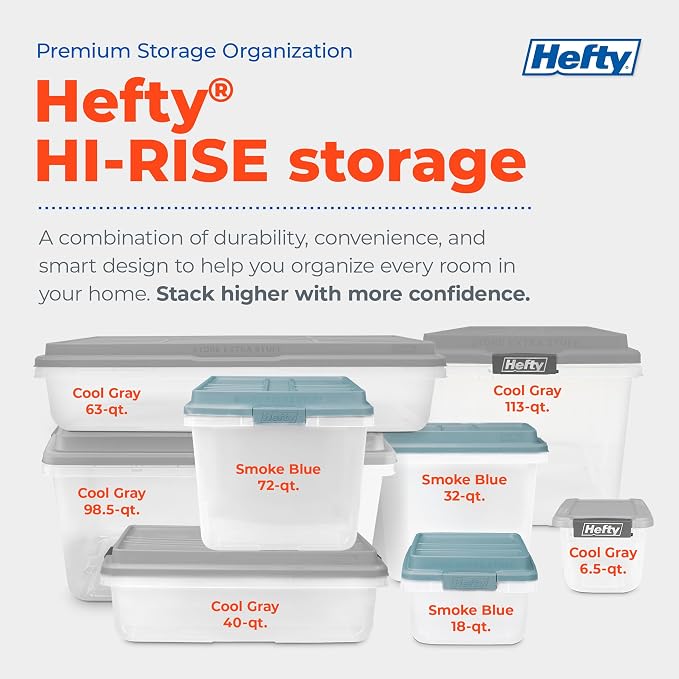 Hefty 6.5 Qt Flat-Lid Storage Bin with Lid, Stackable Plastic Storage Container, Organizer for Home, Office & Classroom, 8 Pack, Gray