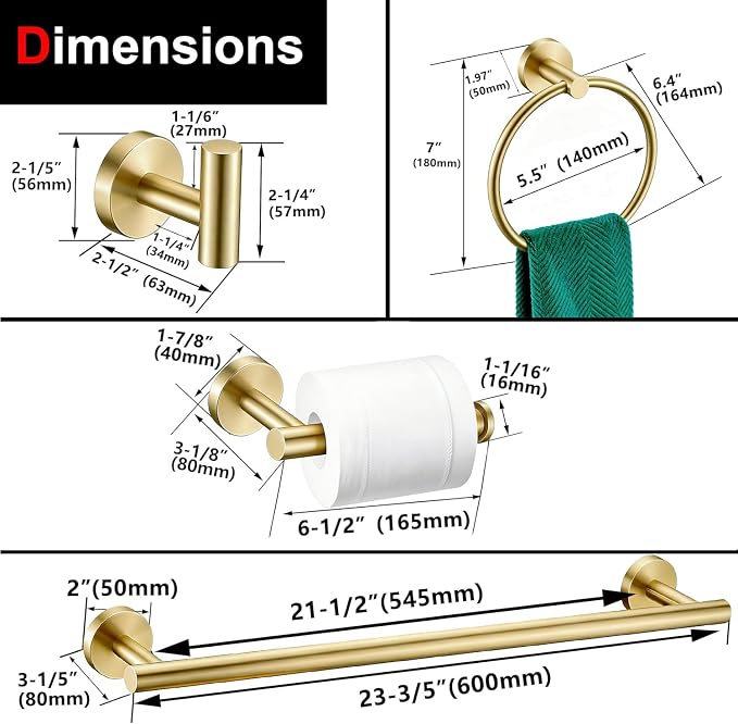 6 Pieces Brushed Gold Bathroom Hardware Accessories Set, SUS304 Stainless Steel 24 Inch Bath Towel Bar Set, Round Bathroom Towel Holder Set, Towel Racks for Bathroom Wall Mounted
