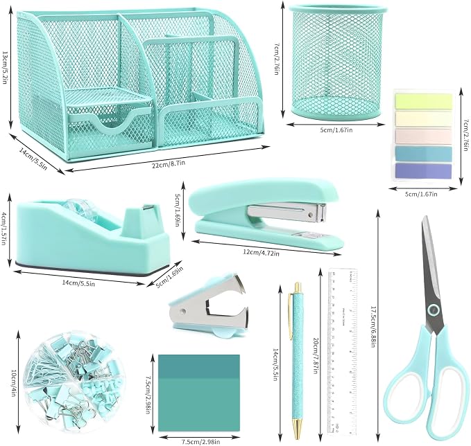 12 in 1 Green Desk Organizers & Accessories Set for Office & Home & School | Teal Green Office Supplies for Coworkers Students, Include Stapler, Pen Holder, Tape Holder, Scissors, Ruler, Staple Remover