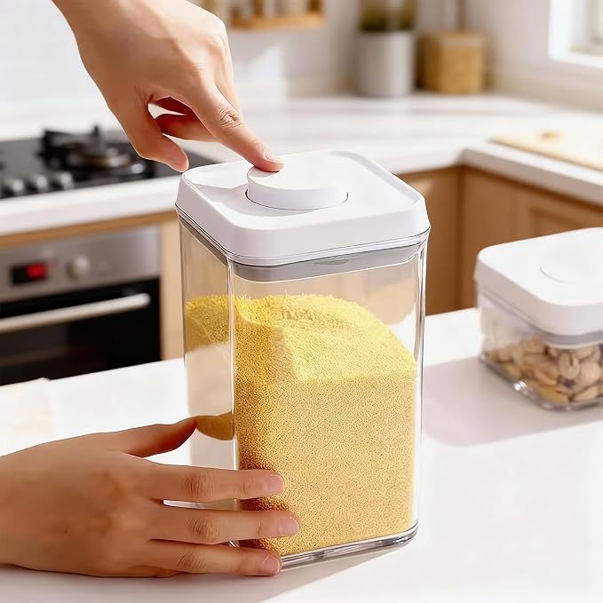 Pop Push Button Airtight Food Storage Containers with Lids | 3 Sizes: 0.65/0.7/1.8Qt for Cereal Flour Sugar Snacks Pet Food, BPA-Free Space-Saving Pantry Kitchen Canisters