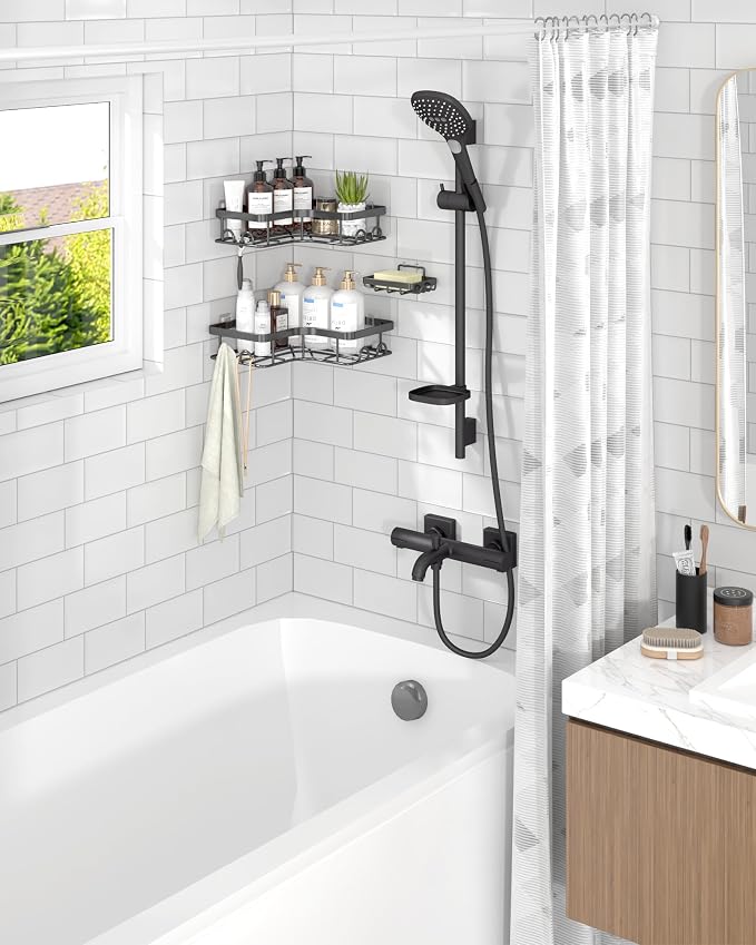 Sakugi Corner Shower Caddy - 3-Pack Shower Organizer with Soap Holder & Built-In Hooks, Rustproof Metal Shower Shelves, Laundry, Kitchen, Bathroom Organizers and Storage Solution, Large, Black