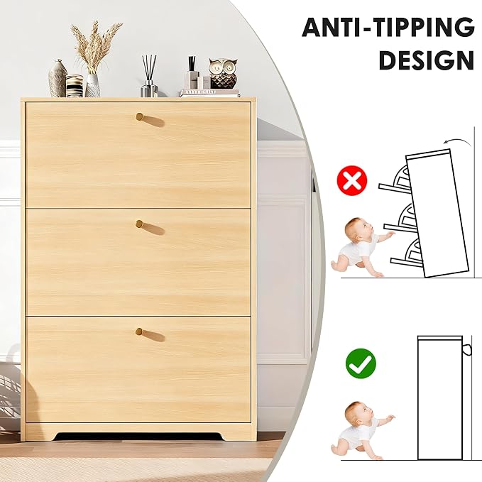 Nicetree Shoe Cabinet with 3 Flip Drawers, Entryway Storage, Natural Oak | Narrow Shoe Organizer, Freestanding Shoe Rack Cabinet, Modern Shoe Storage Cabinet for Entryway, Hallway, Foyer, With Hook