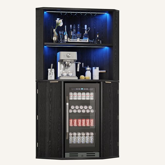 kepptory 71" Extra Large Triangle Corner Bar Cabinet with Mini Fridge Space | Full RGB LED Liquor Cabinet with Wine Glass Rack, Oversized Fluted Storage Buffet for Living Room Kitchen