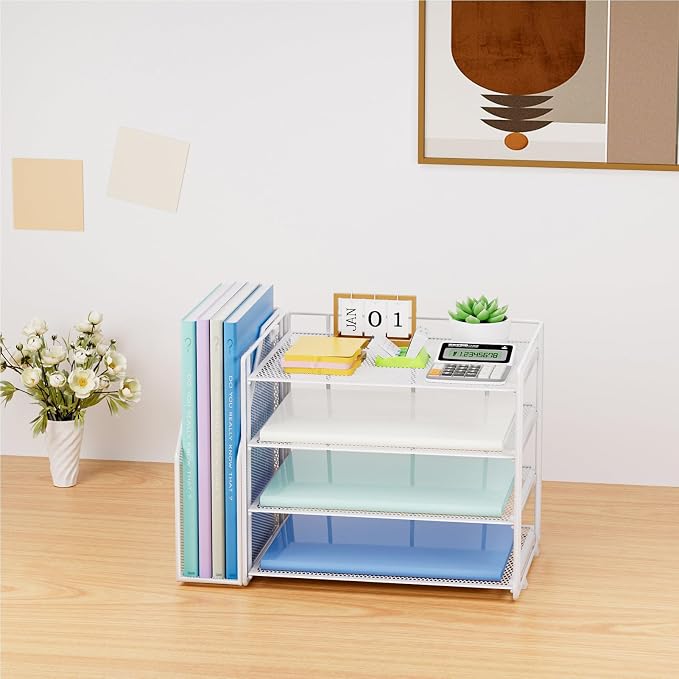 Marbrasse 4-Tier Paper Tray Organizer with File Holder, White | Sturdy Paper Tray, Built-in File Holder, fits Letters/Docs, Saves Desk Space, for School/Office/Home