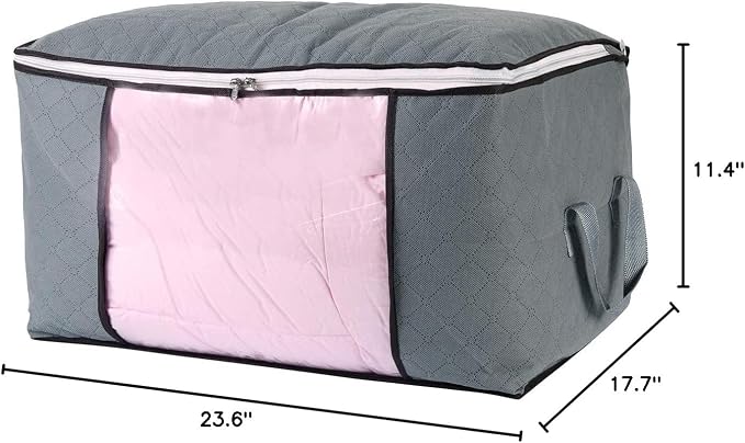 combocube Comforter Storage Bag, Zippered Bag with Large Clear Window and Carry Handles, Space Saver Organizers for Closet, Blanket, Pillow, Quilt, Bedding, Clothes (4Pcs Grey Large)