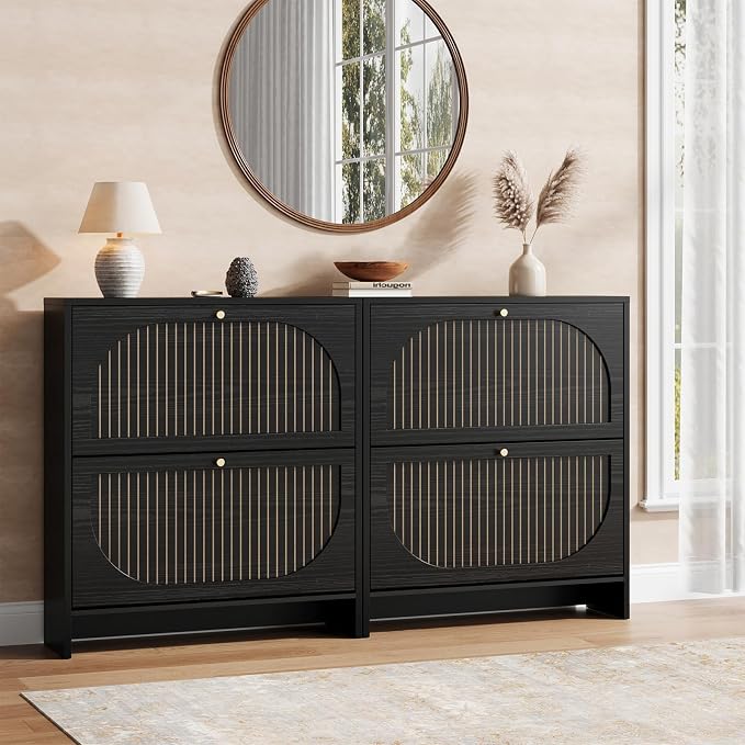 Nicetree Shoe Cabinet Storage for Entryway, Narrow Shoe Rack 2 Flip Drawers with 3-Level Adjustable Shelves, 9.5" Slim Cabinet for Small Spaces, Midnight Black Wood Storage Cabinets Fits Size 13.5