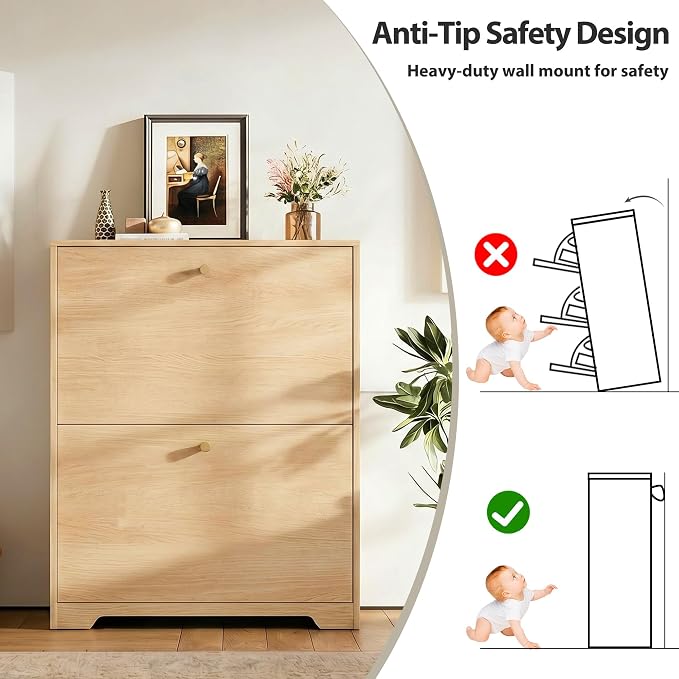 Nicetree Shoe Cabinet with 2 Flip Drawers, Narrow Shoe Organizer Cabinet, Freestanding Shoe Rack Cabinet, Modern Shoe Storage Cabinet for Entryway, Hallway, Foyer Natural Oak with Hook