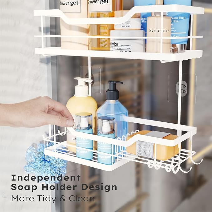 Consumest Over Door Shower Caddy - 2 Tier Shower Shelves Hanging with Soap Holders, Large Capacity Shower Organizer with 4 Hooks, Bathroom Rack and Storage, White