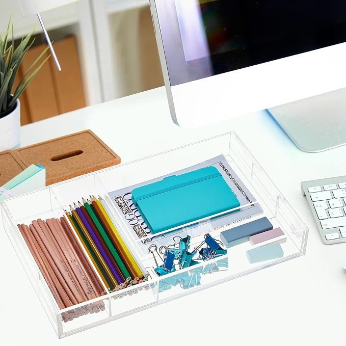 Briwooody Clear Acrylic Drawer Organizer Expandable,7 Compartments,Large | 9'' up to 18'' x 12'' x 2.1'' Desk Drawer Organizer Trays Adjustable with Desk Accessories for Makeup Office Bathroom