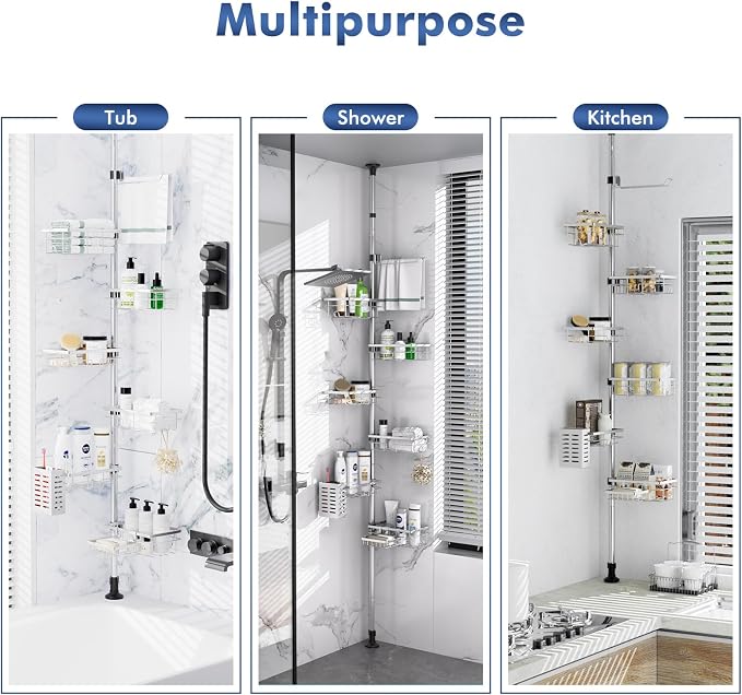 Shower Caddy Corner Tension Pole,Stainless Steel Shelves Bathroom Organizer | Rustproof 6-Tire Shelf, Adjustable 30-120 Inch Storage, Towel Bar & Soap Dish & Toothbrush Holder Rack