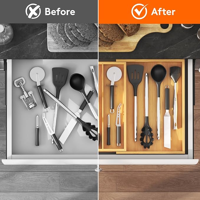 Lifewit Utensil Organizer for Kitchen Drawer, Expandable Cooking Utensil Tray, Cutlery Silverware Flatware Holder, Wood Adjustable Spatula Tools Storage Divider, 30-55 x 40cm, Natural