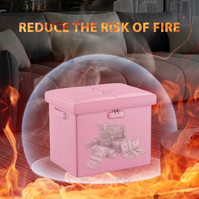 DocSafe Storage Ottoman Foot Rest Stool with Lock & Handles, Fireproof Folding Leather Footstool Bench with Storage Safe for Living Room Bedroom, Home Office, Dorm, 17x13x13in, Pink