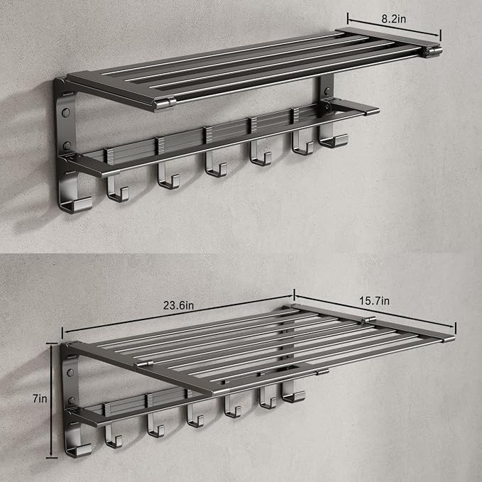 VOLPONE 24 Inch Towel Rack with Towel Bar Holder Foldable Large Towel Shelf with Movable Hooks Rustproof Widened Towel Storage Rack Wall Mount for Bathroom Lavatory Matte Grey
