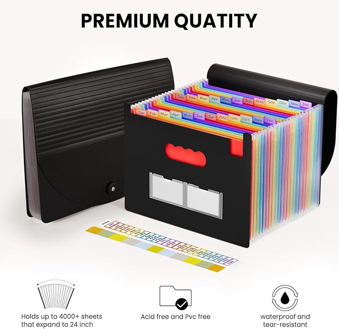 Sooez 24 Pockets Expanding File Folder with Blank Labels, According File Organizer with Expandable Cover, Desktop Accordion Folders Letter A4 Paper Document Storage Organizer, Blue