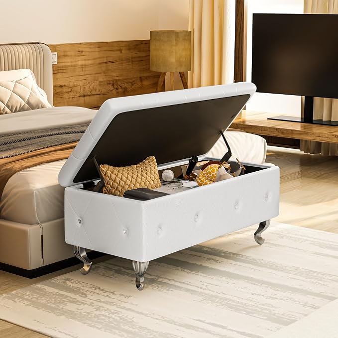 Recaceik Ottoman with Storage, Small Upholstered Storage Bench for Bedroom, Ottoman Bench with Legs for Living Room, End of Bed, Entryway, Window, White
