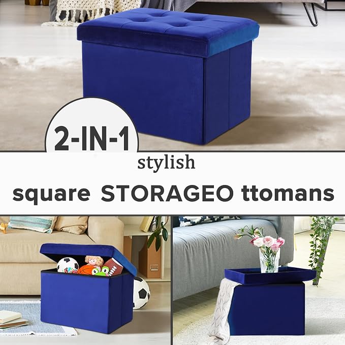 LINMAGCO Small Velvet Ottoman with Storage Rectangle Foot Rest Under Desk Stool for Room Folding Ottoman Furniture with Button turfted-Navy 16X12X12IN