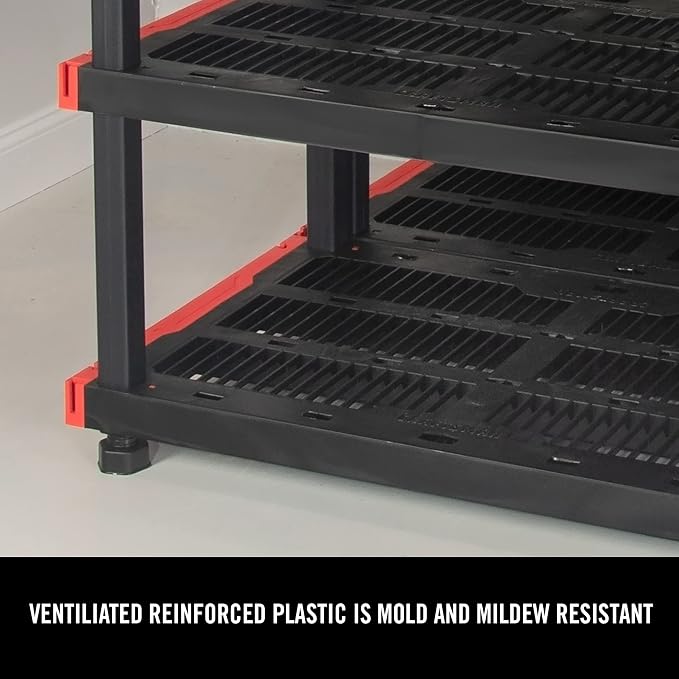 CX Craftsman 4-Tier Heavy Duty Plastic Storage Shelves, Garage Organization | 4-tier storage rack organizes garages, workshops & basements, 200 lb/shelf, 55H x 40W x 24D, easy assembly, black/red