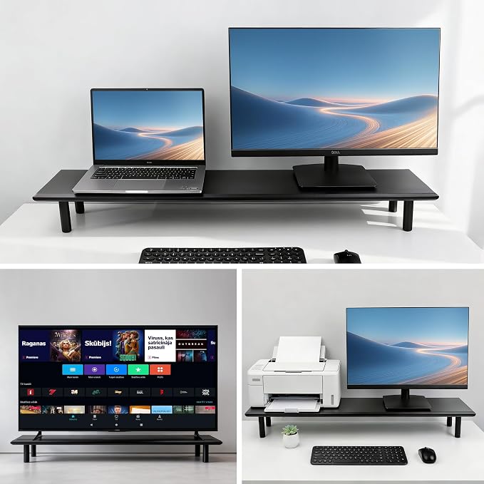 Bamboo Dual Monitor Stand Riser, Black Desk Shelf with Storage | 39.37-Inch Wide, 3.5-Inch Clearance, Fits Keyboards, Soundbars and Two 24-Inch Monitors for Home Office