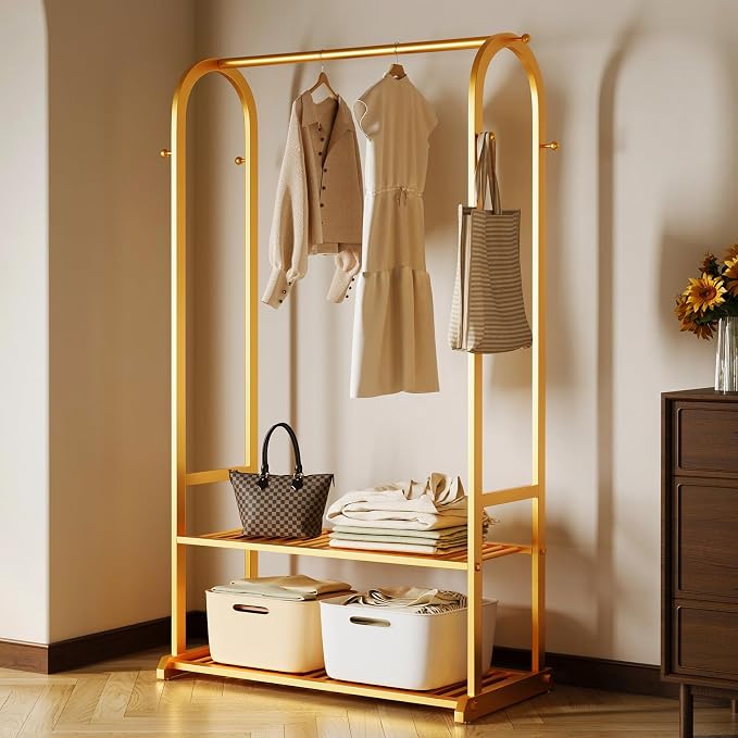 Gold clothing rack with bottom Storage shelves and 6 side hooks,Sturdy metal clothes rack for Hanging Clothes,Modern garment rack Wardrobe Rack for Bedroom or Boutique