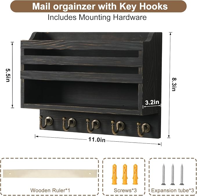 Key Holder Wall Mount with Mail Organizer, 5 Key Hooks, Black | Wood Mail Organizer Wall Mounted with 5 Key Hooks & Storage Box and Mail Organizer for Entryway, Apartment, Home and Office